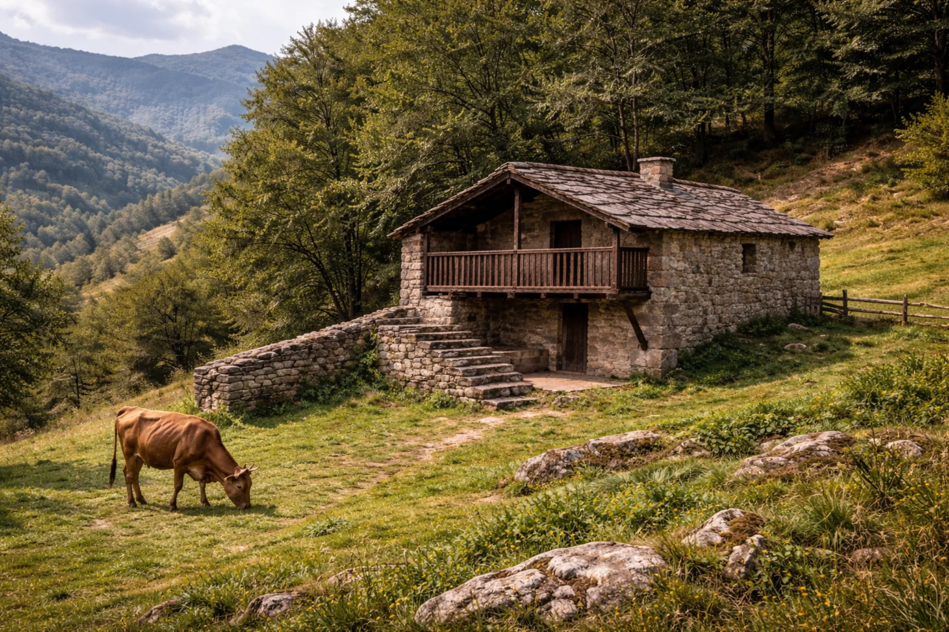Cabaña pasiega con solana y vaca en los Valles Pasiegos